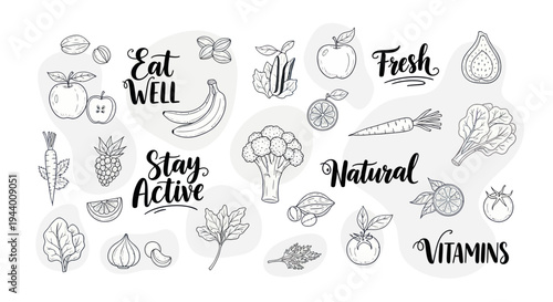 Healthy Lifestyle Doodle Set: Fruits, Vegetables, Vitamins, Eat Well, Stay Active