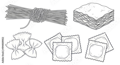 Hand-drawn Italian Pasta Assortment: Spaghetti, Lasagna Sheets, Farfalle, Ravioli