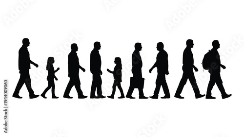 A group of people walking in a line, representing a family or community, with adults and children of different ages and sizes, conveying a sense of unity and togetherness.