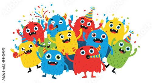 Happy Monsters Party Celebration with Confetti and Party Hats