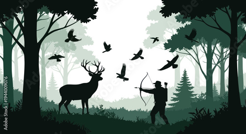 Hunter with bow and arrow targets deer in forest, birds fly