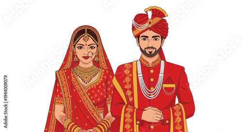 Indian Couple in Traditional Wedding Attire, Bride and Groom, Celebration of Marriage