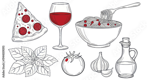 Italian Food Sketch: Pizza, Pasta, Wine, Tomato, Garlic, Basil, Olive Oil