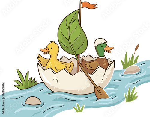 Two ducks ride in eggshell boat on serene pond with leafy plant
