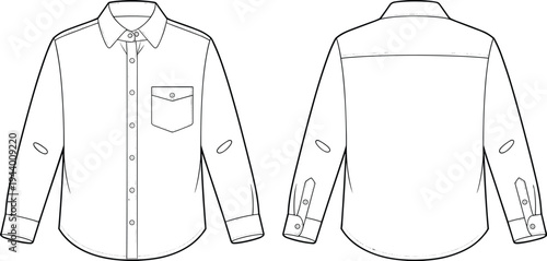 Long sleeve button shirt front and back technical fashion template outline apparel clothing cad drawing flat vector illustration