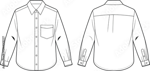 Long sleeve button shirt front and back technical outline clothing template apparel design cad drawing flat vector illustration