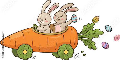Two rabbits ride in a carrot vehicle with Easter eggs nearby outdoors