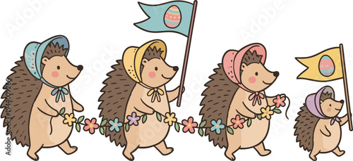 Hedgehogs parade with colorful hats and flags in a garden