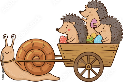 A snail pulls a wagon carrying three happy hedgehogs through a field.