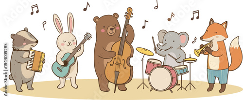 A group of animals play musical instruments together outdoors happily