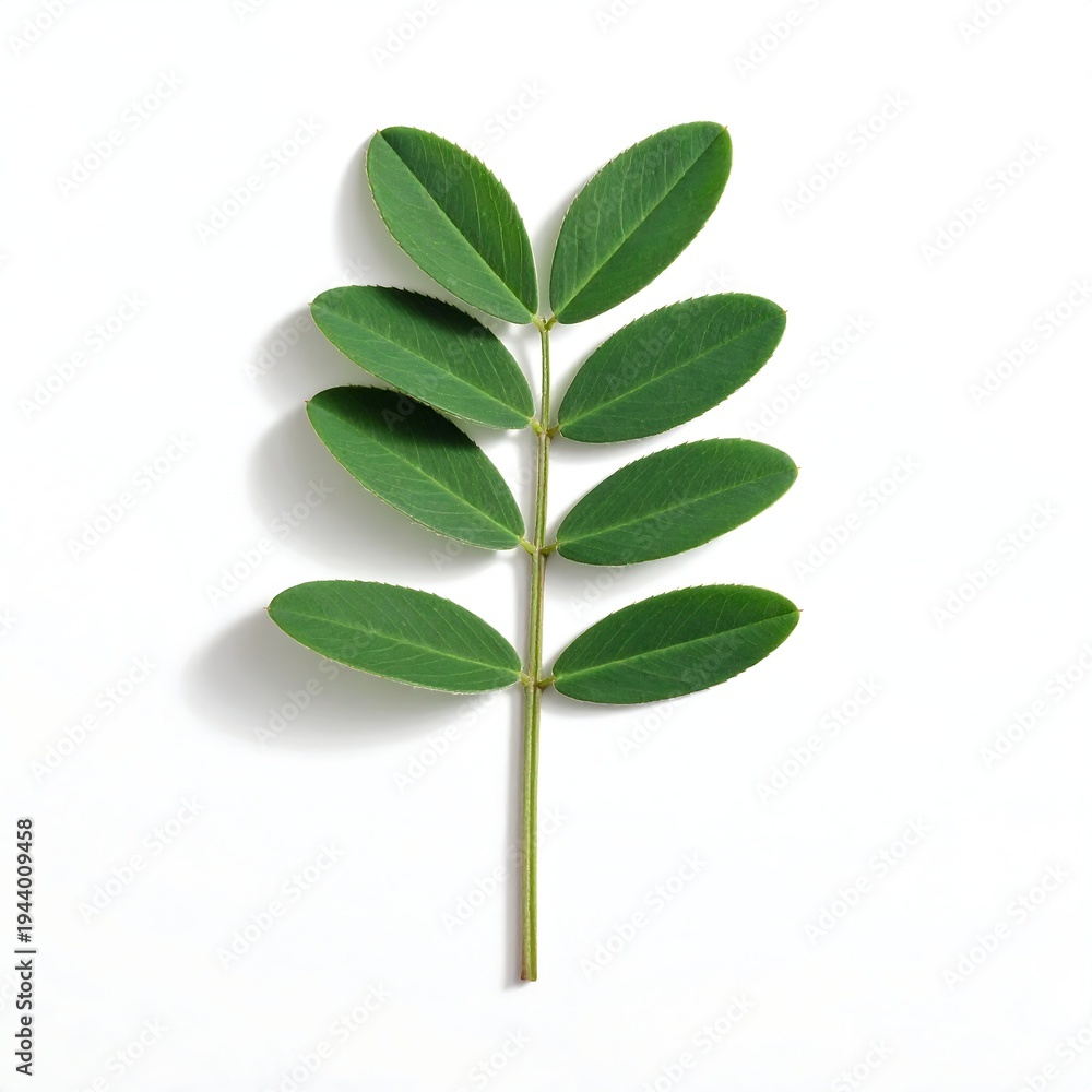 Obraz premium A green plant stem with oval-shaped leaves on a white background