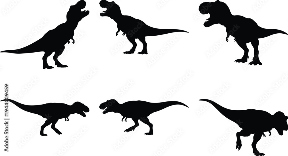 Naklejka premium Six powerful Tyrannosaurus Rex dinosaur silhouettes in various dynamic poses: roaring, standing, walking, isolated on white, perfect for prehistoric themes, education, and graphic design.