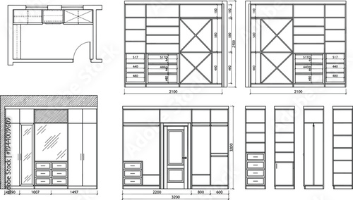 Professional 2D architectural cabinetry drafting set with wardrobe elevations sections millwork details and technical furniture dimensions