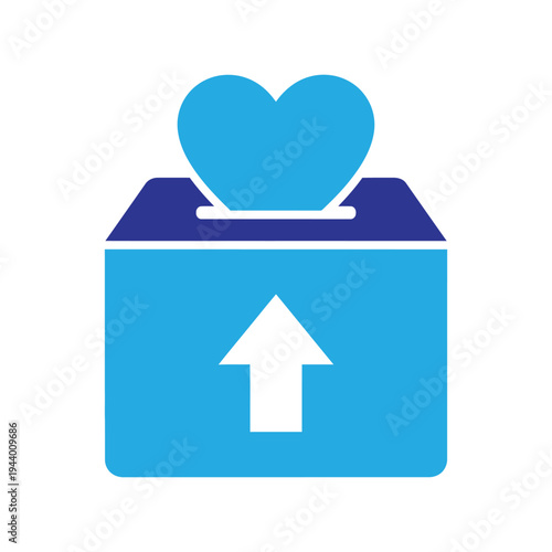 Donation box with heart shape and arrow indicating giving symbol for charity foundation and humanitarian support