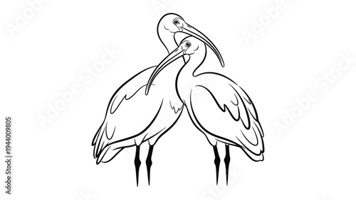 Two Ibis Birds Standing Together: A minimalist illustration depicting two white ibis birds standing side by side, their long beaks gently touching, conveying a sense of companionship and unity.