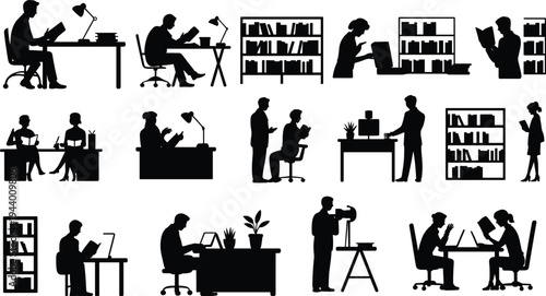 Office people silhouettes working, reading, studying and meeting at desk with bookshelves and computers, business workplace activity vector collection isolated