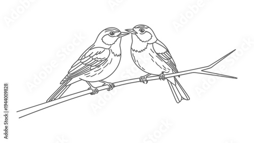 Birds on a Branch: A delicate linear drawing featuring two bird perched on a simple branch in a display of affection or companionship.