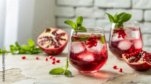 Two glasses of pomegranate iced drink garnished with mint leaves, surrounded by fresh pomegranate halves and scattered seeds on a light surface.