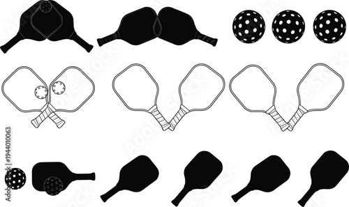 Pickleball paddles and balls silhouettes set with outline variations, sports equipment collection isolated on white background for game design, fitness, and recreation themes
