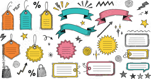 Hand drawn sale tags ribbons badges and decorative elements collection with price labels stars arrows and banners for marketing promotion vector set