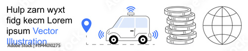 Smart transportation, technology integration, global communication, data storage, IoT advancements, GPS tracking. Car with wireless signals, server stacks globe and GPS marker. Smart transportation