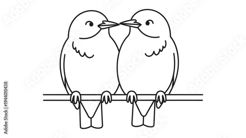 Sweet Couple: A minimalist drawing depicts two birds, perched closely together on a branch, their beaks gently touching in a moment of affection and connection.