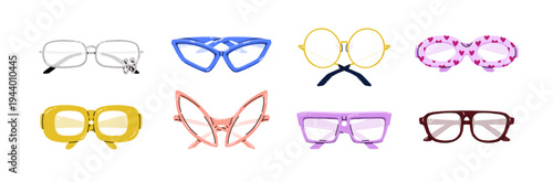 Different fashion glasses set. Sunglasses with transparent lenses. Stylish eyeglasses, sun shades for men and women. Modern summer accessories. Flat isolated vector illustrations on white background