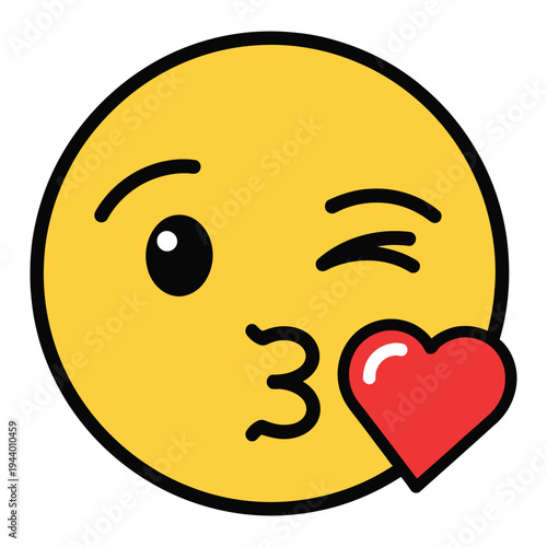 Winking yellow emoji face blowing a kiss with a red heart.