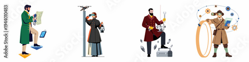 Collection of Steampunk Characters Featuring Explorers and Inventors with Retro-Futuristic Gadgets and Victorian-Era Fashion