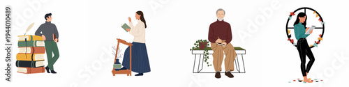 Set of diverse people reading and writing illustrations featuring characters with books, notebooks, and a lectern on a white background.