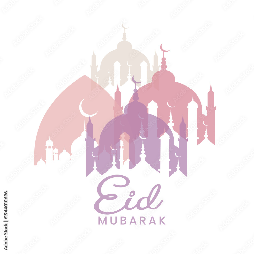 Obraz premium Minimal Pink Eid Mubarak Mosque and Crescent Moon Islamic Greeting Logo