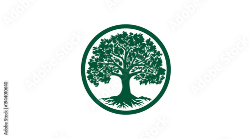 Vibrant green tree with strong roots in a circular frame. Nature symbol of life, growth, and sustainability. Elegant icon design.
