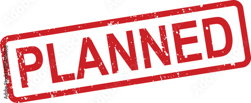 A rectangular red grunge rubber stamp showing the word Planned on a clean white background with texture