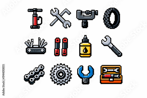 Pixel art bike tools collection: wrench, pump, oil, chain, sprocket, tire, repair kit