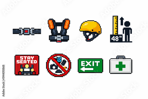 Pixel art safety icons: seatbelt, helmet, height, and more