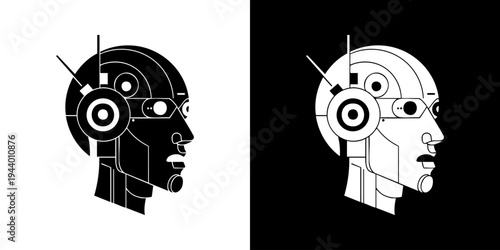 Two robotic heads in profile view showcase technology and innovation in a futuristic setting with mechanical details.