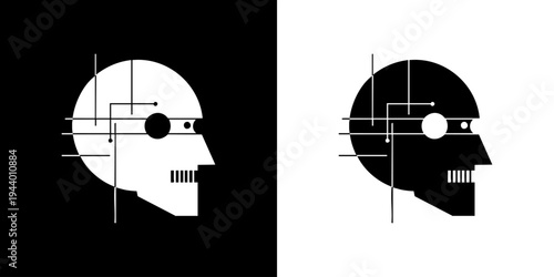 Two robotic head silhouettes with circuit boards are shown side by side.