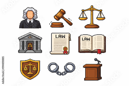 Justice icons set: judge, gavel, scales, law documents, courthouse, handcuffs