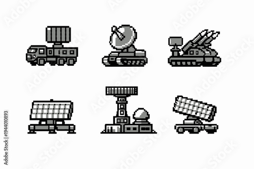 Pixel art military vehicles: radar trucks, missile defense, and satellites