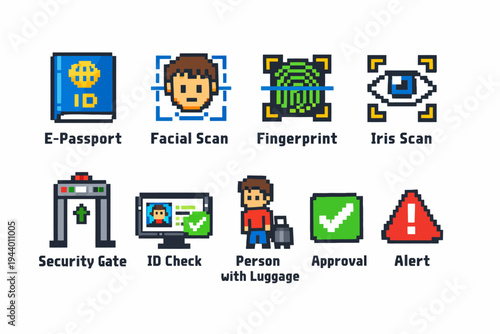 Pixel art security icons: e-passport, facial scan, fingerprint, iris scan, id check, luggage