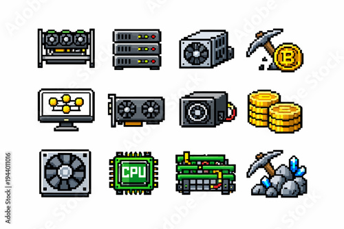 Pixel art cryptocurrency mining equipment icons collection