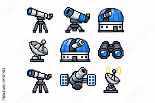 Pixel art set of telescopes, observatories, and binoculars for astronomy enthusiasts