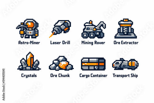 Pixel art space exploration: astro-miner equipment and vehicles