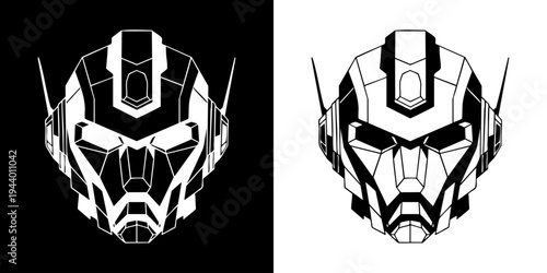 A futuristic robot head illustration appears against solid black and white backgrounds.