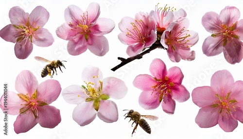 beautiful almond flowers isolated on white background spring pink blossom in different forms bee and buds tender flowers isolated