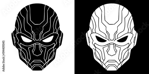 Illustrations of two futuristic masks with glowing eyes on black and white backgrounds