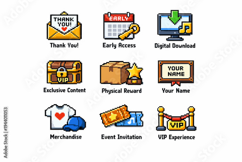 Pixel art reward icons collection including vip, merchandise, and digital content