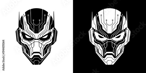 Two robotic masks with sharp edges and intense expressions on white and black backgrounds
