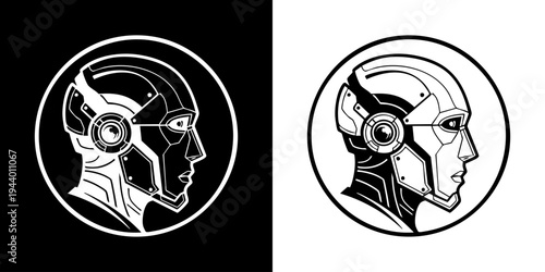 Robotic and human faces in profile with futuristic earpieces side by side