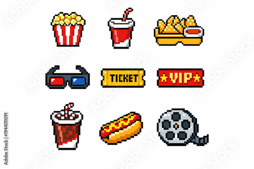 Pixel art movie night icons: popcorn, soda, nachos, 3d glasses, ticket, vip, hot dog, film reel